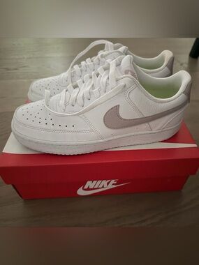 Nike White Sneakers with Light Pink Swoosh